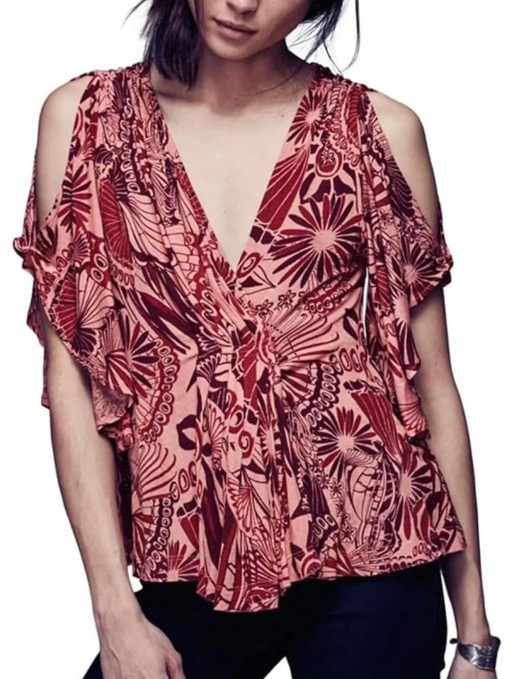 NWT Free People Open Sleeve Floral V-Neck Top Coral Combo Sz L